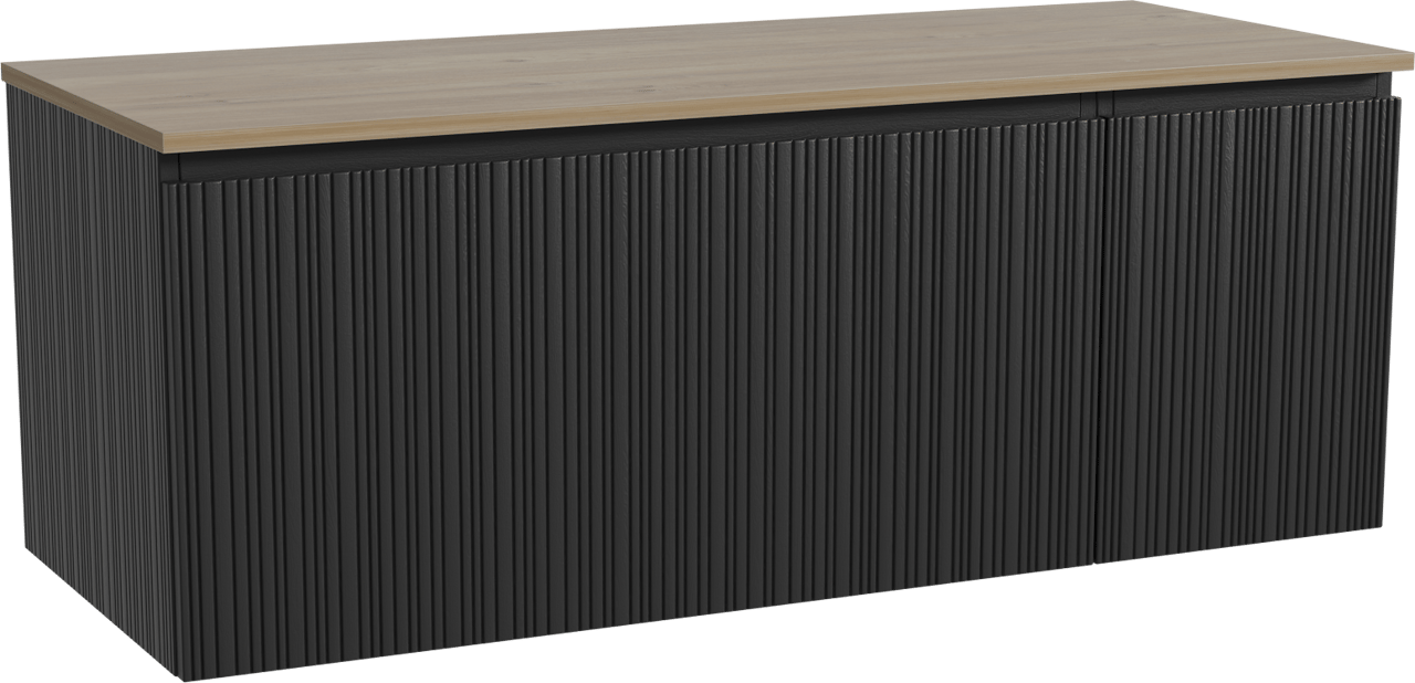 Storke Ribs zwevend badmeubel 130 x 52 cm zwart eiken met Panton enkel of dubbel wastafelblad in melamine ruw eiken, Verticale asymmetrische rechte ribbel