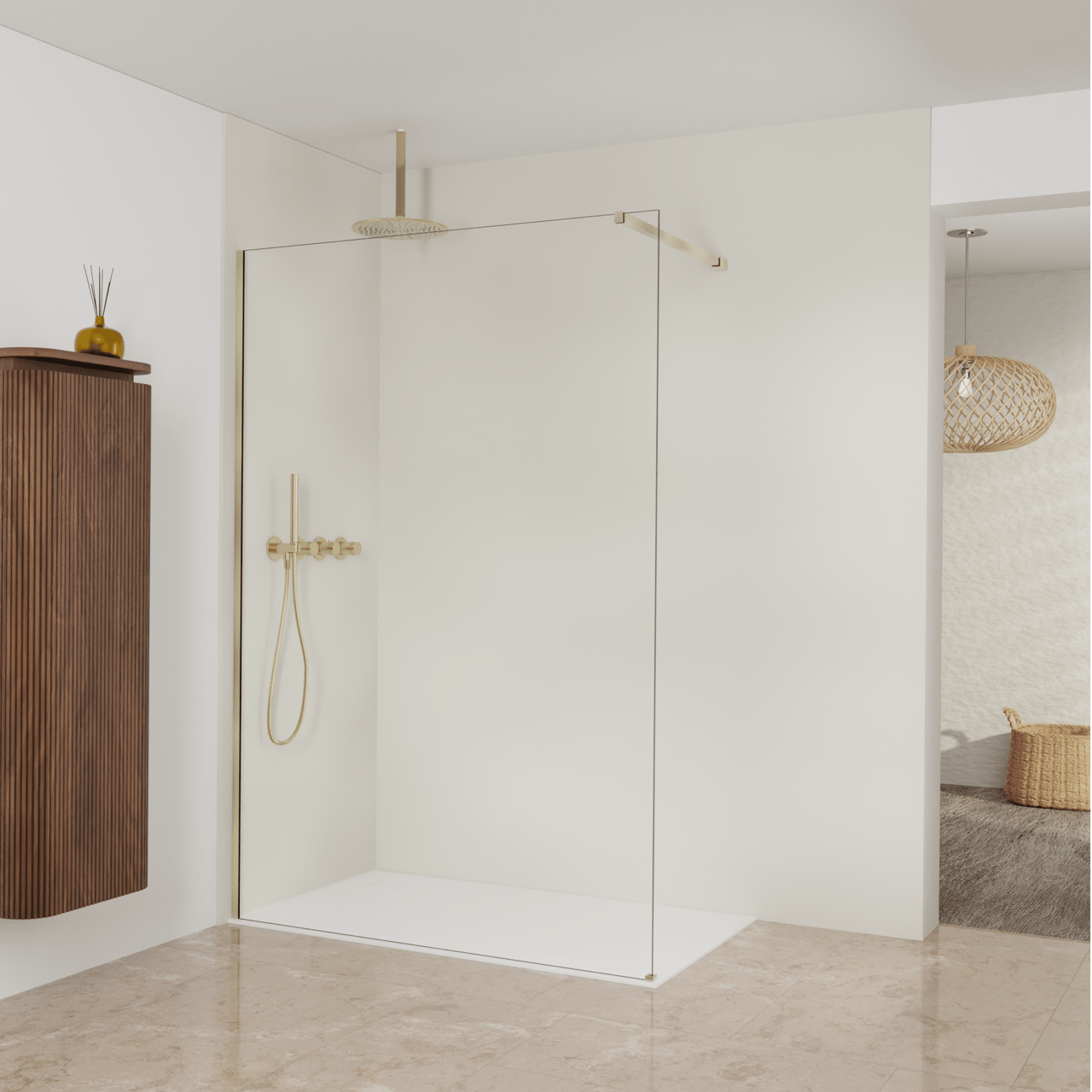 Balmani Modular inloopdouche: 140 x 200 cm, Helder glas, Brushed Champagne Gold profielen