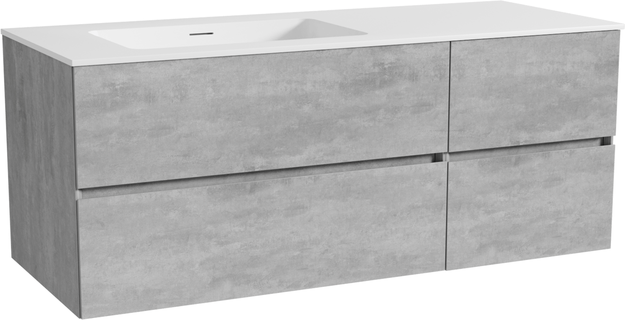 Storke Edge zwevend badkamermeubel 130 x 52 cm beton donkergrijs met Mata asymmetrisch linkse wastafel in solid surface mat wit