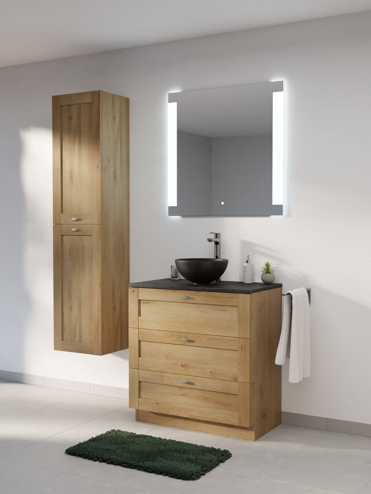 Linie Classo freistehendes Möbelstück Set: 80 x 46 cm, Naturbelassene Eiche, mit Lado Einzel Waschtischplatte, Melamin Schiefergrau