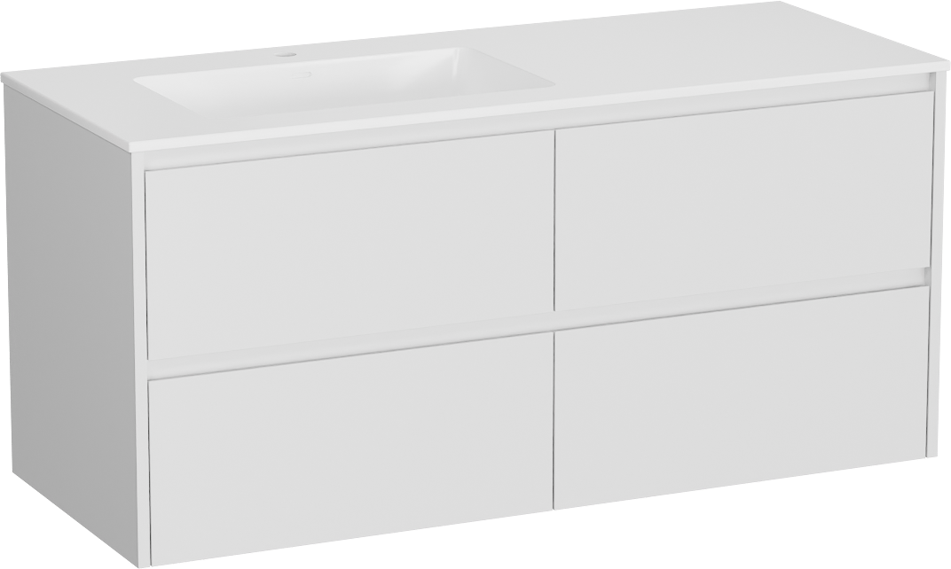 Storke Seda zwevend badkamermeubel 130 x 52 cm mat wit met Bilia asymmetrisch linkse wastafel in composietmarmer glanzend wit