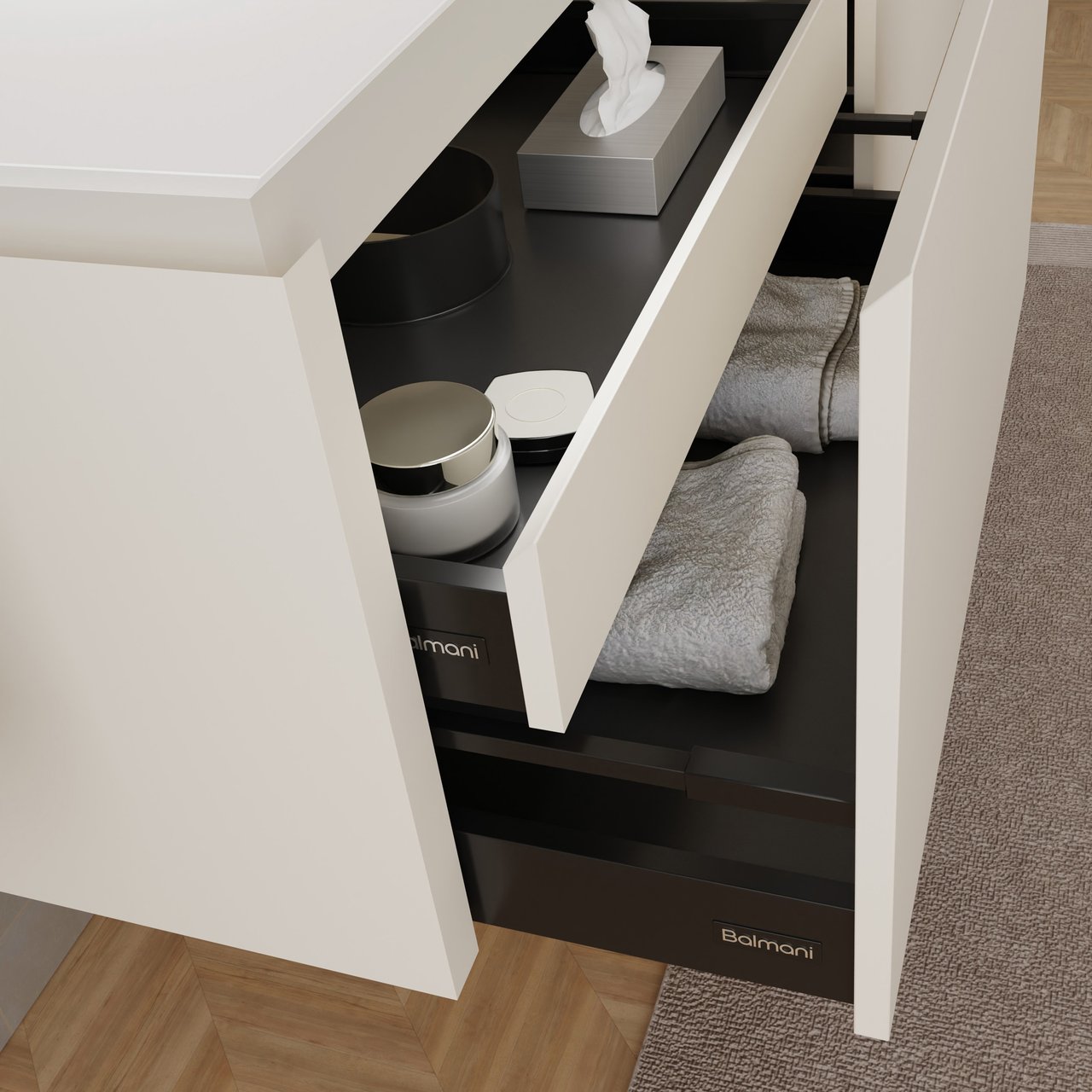 Balmani Eclips meuble salle de bains suspendu 180 x 55 cm Sandbeige avec Eclips tablette simple ou double en Solid Surface blanc mat