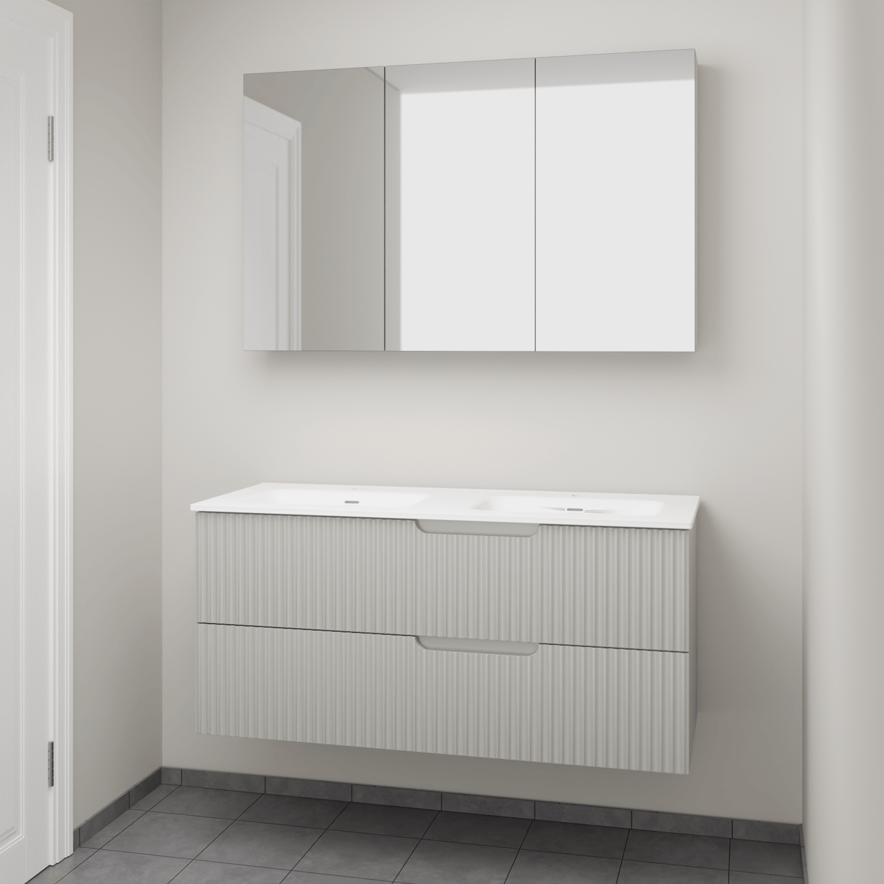 Linie Ribbo hängendes Möbelstück Set: 120 x 46 cm, Greige, mit Baro Doppelwaschtisch, Porzellan, Weiß glänzend, Vertikale symmetrische runde Rippe und Montro Spiegelschrank