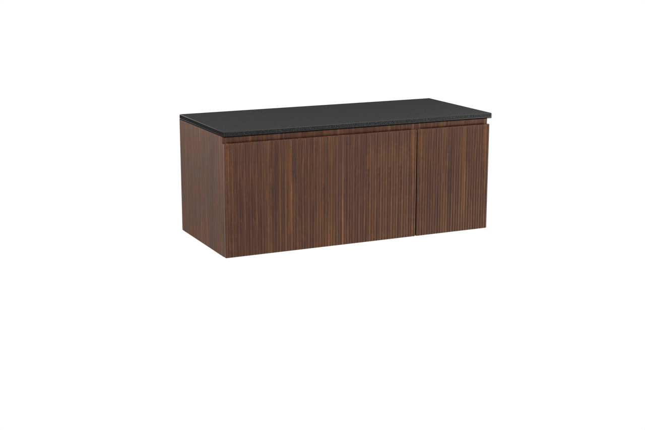 Storke Ribs zwevend badmeubel 120 x 52 cm notenhout met Panton enkel of dubbel wastafelblad in gepoedercoate mdf mat zwart, Verticale symmetrische rechte ribbel