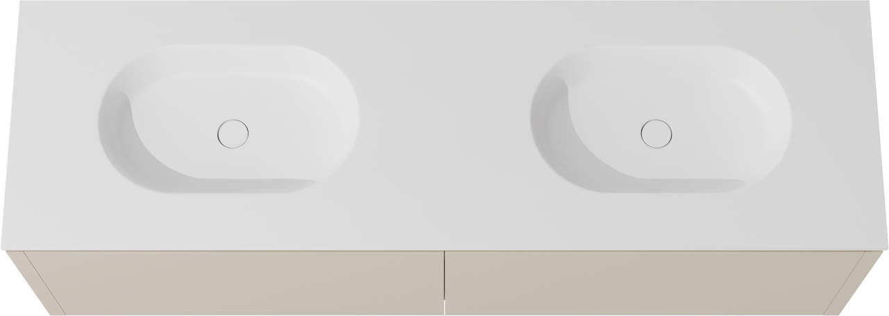 Balmani Eclips zwevend badmeubel 180 x 55 cm Sandbeige met Tablo Oval dubbele wastafel in Solid Surface mat wit