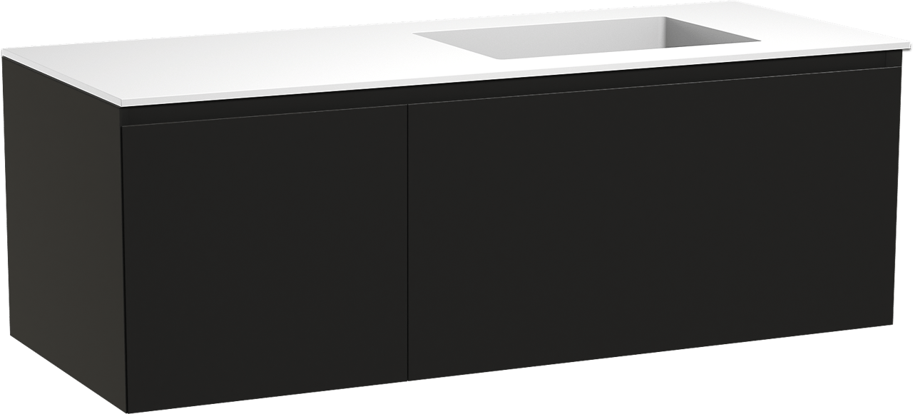 Balmani Idra by Mitra meuble salle de bains suspendu 135 x 55 cm noir mat avec Tablo Stretto vasque asymétrique droite en solid surface blanc mat