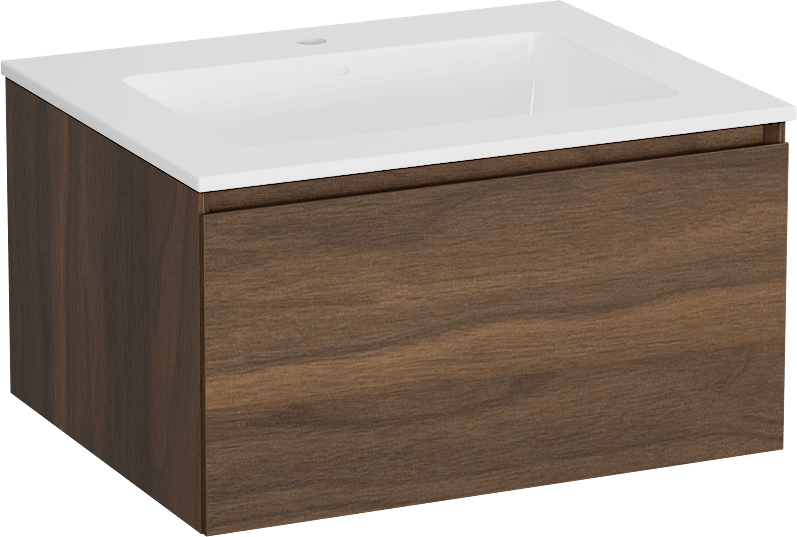Storke Edge meuble salle de bains suspendu 65 x 52 cm noyer avec Bilia plan simple en marbre composite blanc brillant