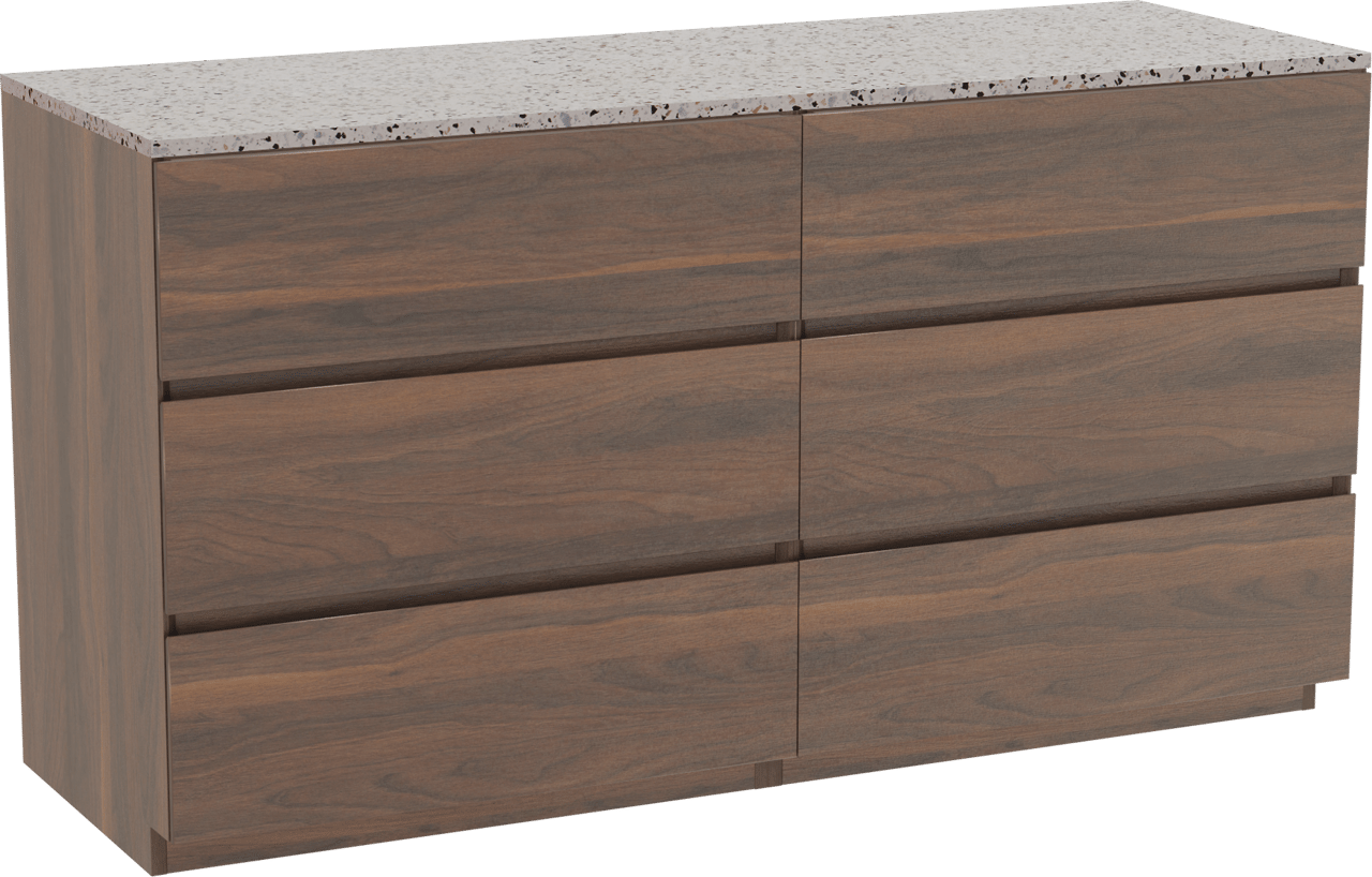 Storke Edge freistehendes Möbelstück Set: 150 x 52 cm, Nussbaum, mit Tavola Einzel- oder Doppel Waschtischplatte, Terrazzo in Weiß/Schwarz matt
