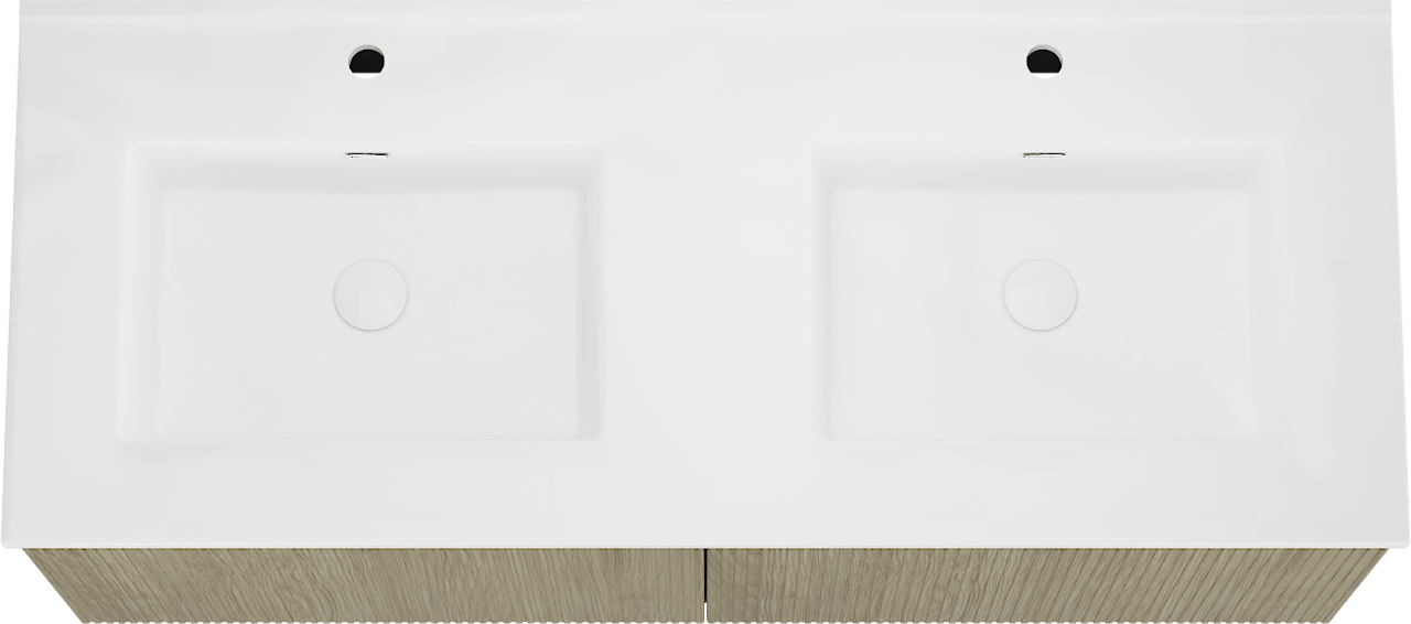 Storke Ribs meuble salle de bains suspendu 130 x 52 cm chêne brut avec Kera double vasque en porcelaine blanc brillant, Nervure droite symétrique verticale, bondes incluses