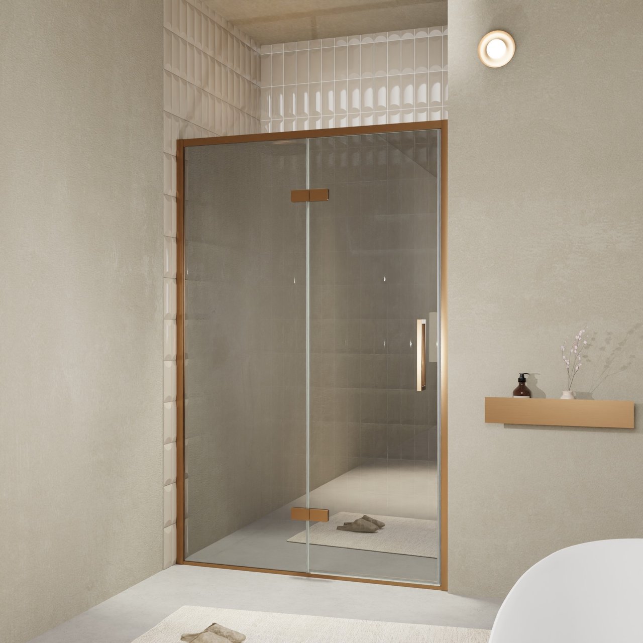 Balmani Senses Design porte pivotante à gauche 140 cm x 210 cm verre Miroir Reflex, Profil Brushed Rosegold