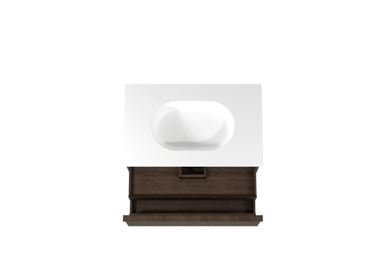 Balmani Forma meuble salle de bains suspendu 90 x 55 cm chêne fumé avec Tablo Oval plan simple en solid surface blanc mat, Nervure droite symétrique verticale