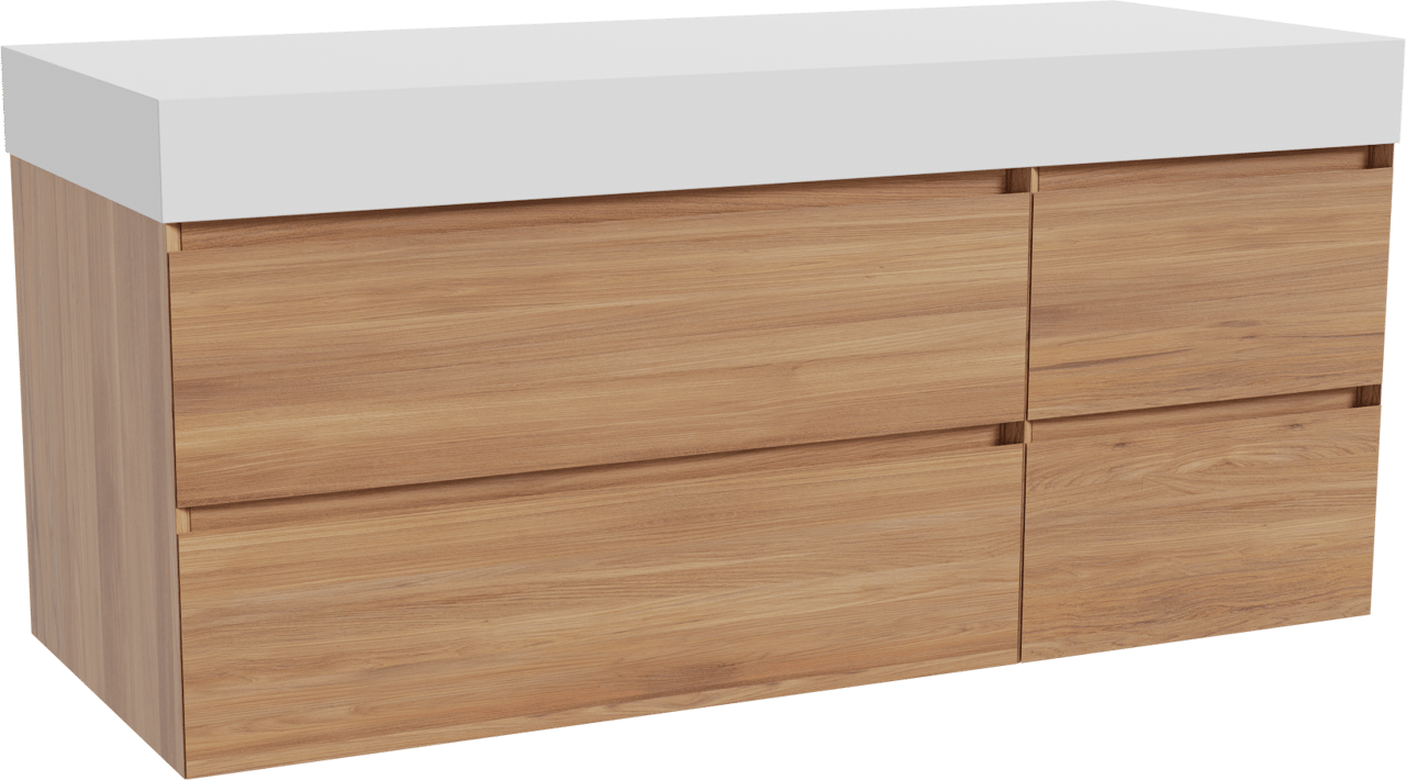 Balmani Mitra meuble salle de bains suspendu 135 x 55 cm teck avec Dominus tablette simple ou double en solid surface blanc mat