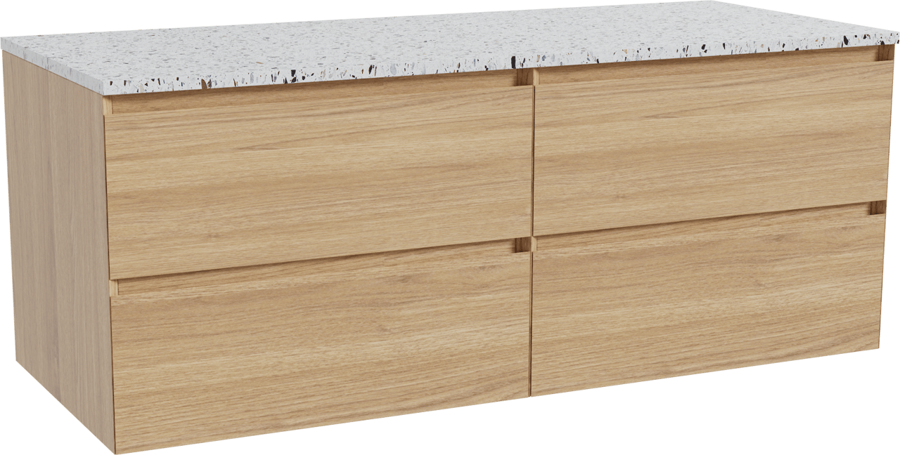 Balmani Mitra meuble salle de bains suspendu 135 x 55 cm chêne naturel avec Stretto tablette simple ou double en blanc/noir mat terrazzo