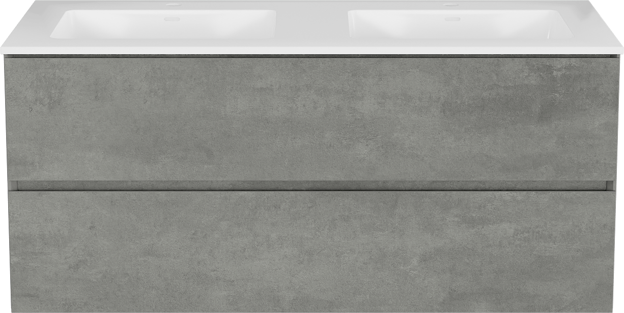 Storke Edge meuble salle de bains suspendu 120 x 52 cm béton gris foncé avec Bilia double vasque en marbre composite blanc brillant