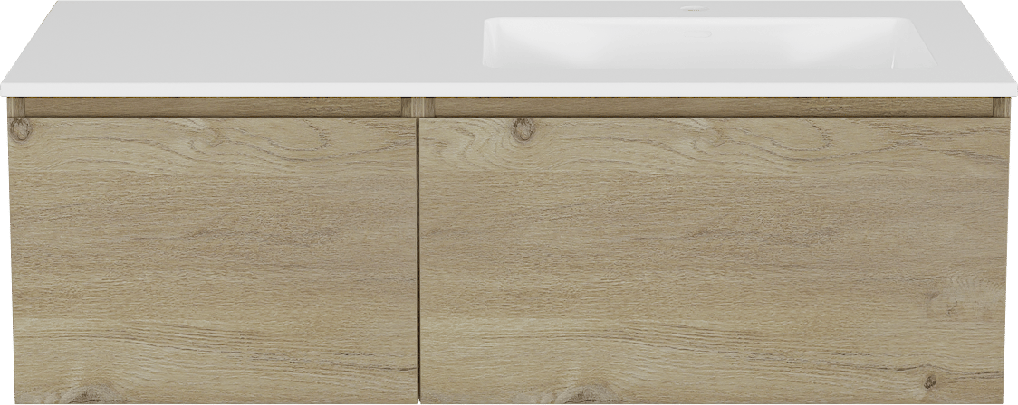 Storke Edge zwevend badmeubel 110 x 52 cm ruw eiken met Bilia asymmetrisch rechtse wastafel in composietmarmer hoogglans wit
