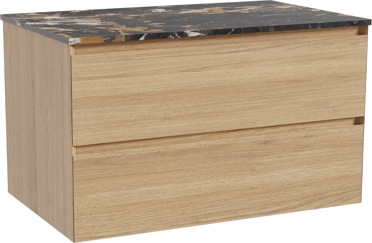 Balmani Mitra hängendes Möbelstück Set: 90 x 55 cm, Naturbelassene Eiche, mit Stretto Einzel Waschtischplatte, Marmor Portoro Gold