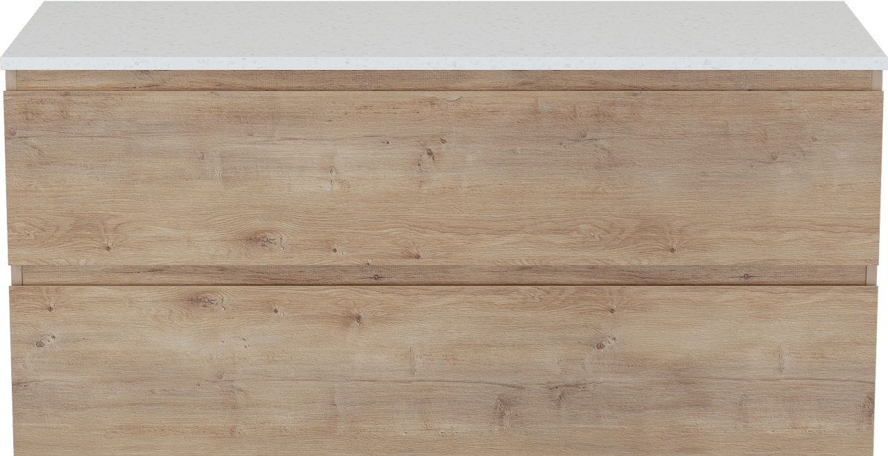 Linie Lado meuble salle de bains suspendu 120 x 46 cm chêne naturel avec Lado tablette simple ou double en mélaminé terrazzo blanc