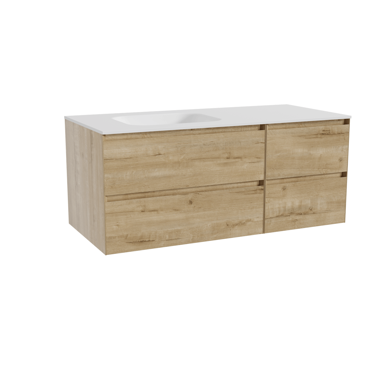 Balmani Mitra hängendes Möbelstück Set: 120 x 55 cm, Rohe Eiche, mit Tablo Arcato Waschtisch links, Solid Surface Weiß matt