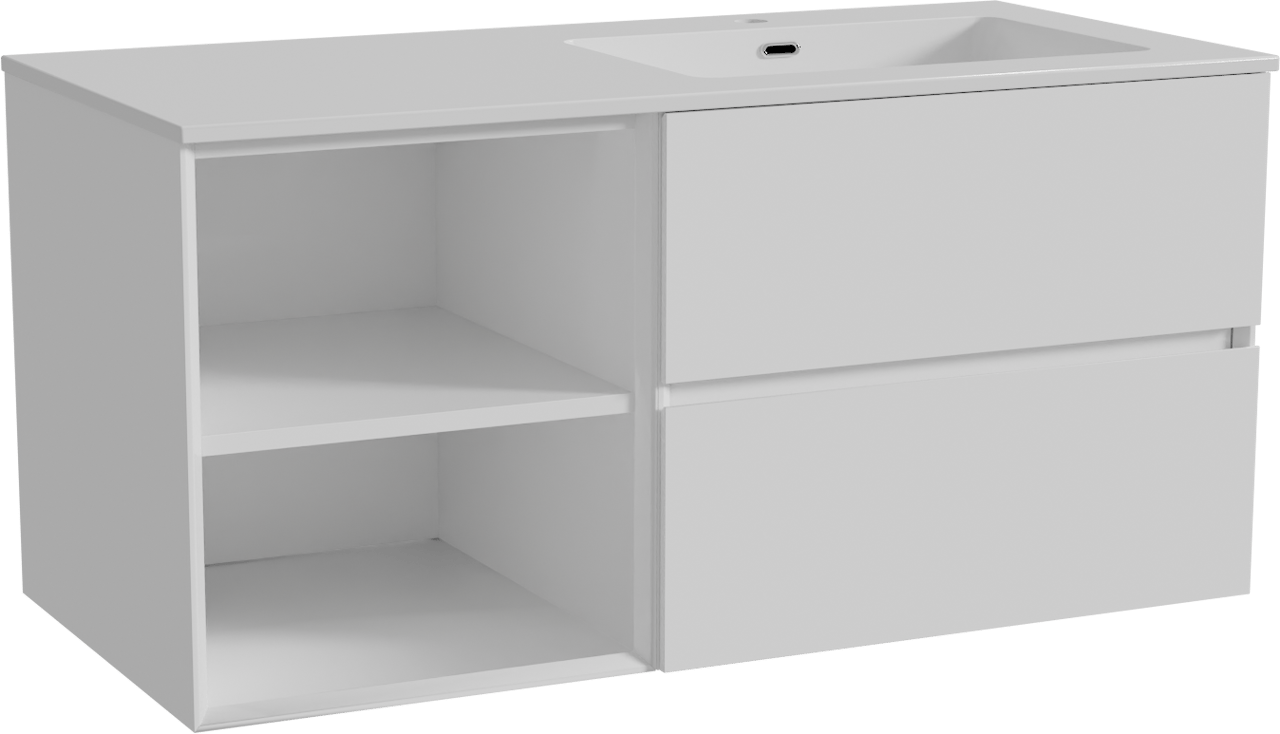 Storke Edge meuble salle de bains suspendu 110 x 52 cm blanc brillant avec Diva vasque asymétrique droite en marbre composite blanc brillant