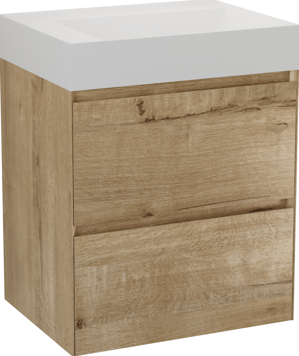 Balmani Mitra Compact zwevend badkamermeubel 60 x 46 cm ruwe eik met Argila asymmetrisch rechtse wastafel in composietmarmer mat wit