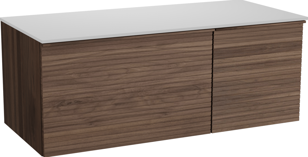 Balmani Forma zwevend badmeubel 120 x 55 cm amerikaans notenhout met Stretto enkel of dubbel wastafelblad in solid surface mat wit, Horizontale symmetrische rechte ribbel