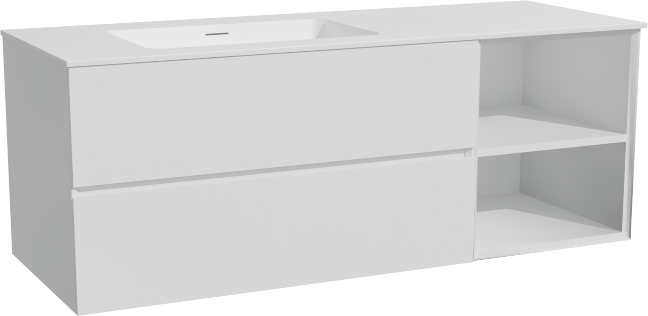 Storke Edge zwevend badkamermeubel 140 x 52 cm glanzend wit met Mata asymmetrisch linkse wastafel in solid surface mat wit