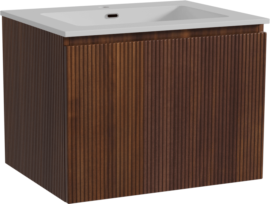 Storke Ribs zwevend badkamermeubel 65 x 52 cm notelaar met Diva enkele wastafel in composietmarmer glanzend wit, Verticale symmetrische rechte ribbel