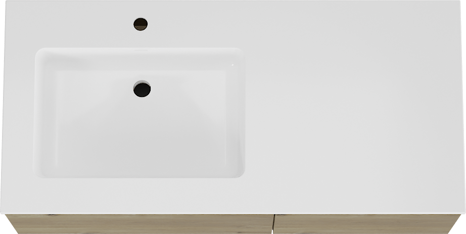 Storke Edge meuble salle de bains suspendu 110 x 52 cm chêne brut avec Bilia plan vasque asymétrique à gauche en marbre composite blanc brillant