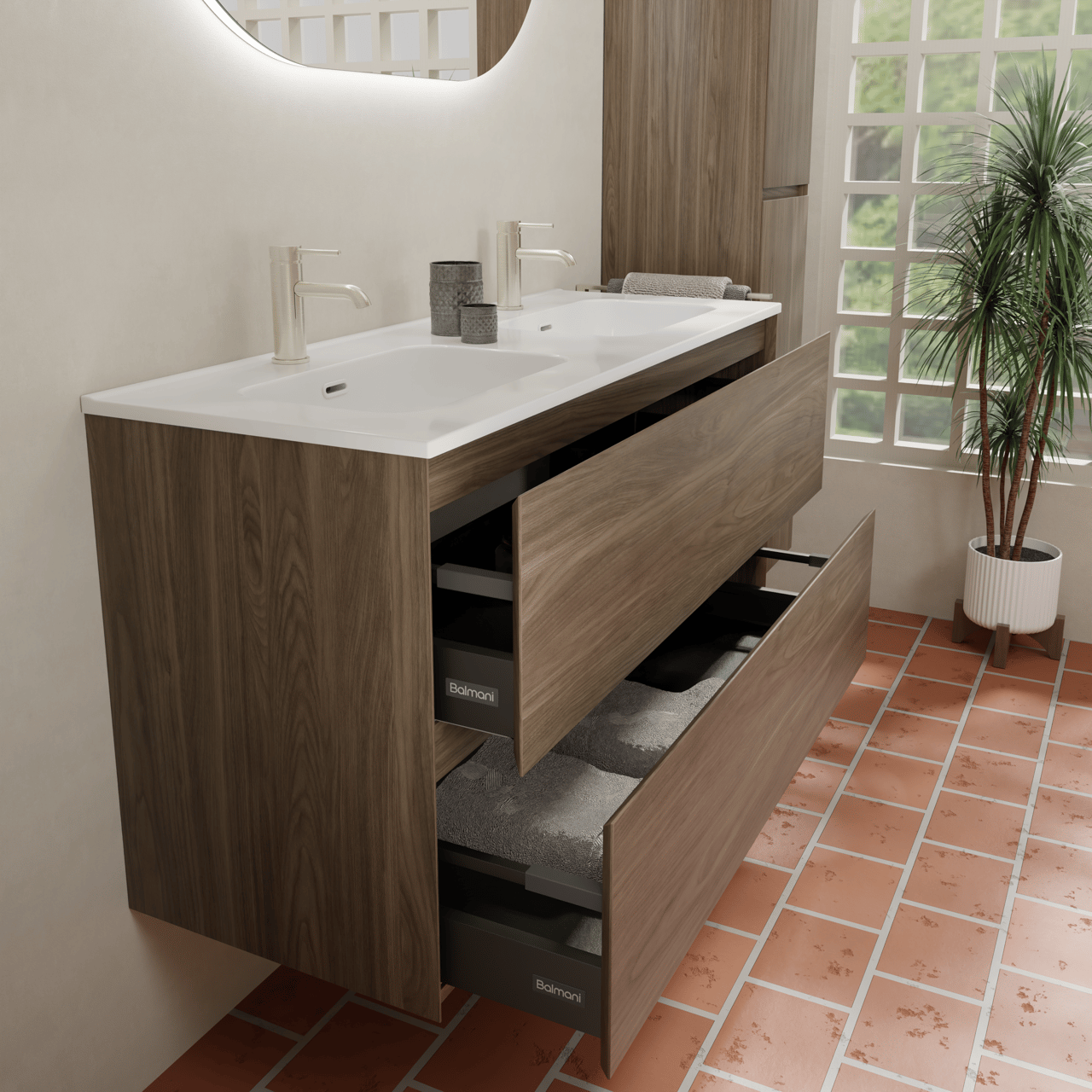 Balmani Mitra Compact meuble salle de bains suspendu 120 x 46 cm Noyer américain avec Nostra double vasque en porcelaine blanc brillant