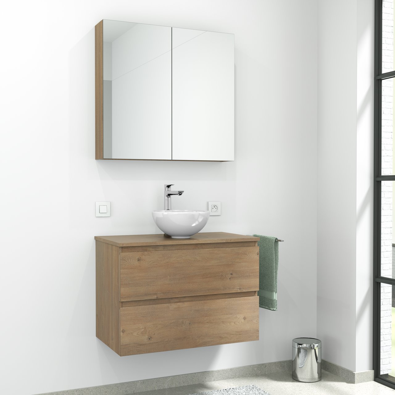 Linie Montro Spiegelschrank Bad: 80 x 75 cm, Eiche Natur
