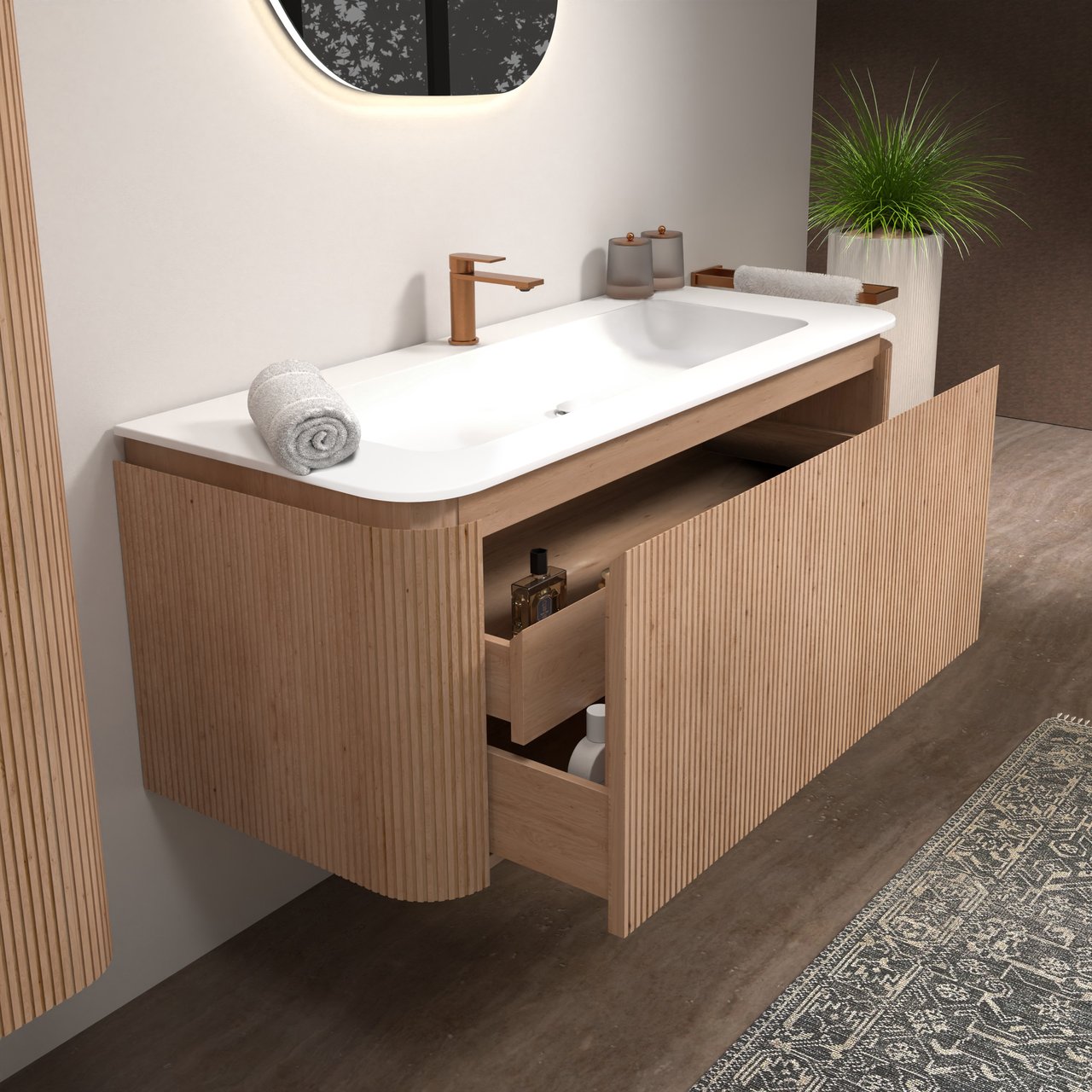 Balmani Moon hängendes Badmöbel Set: 130 x 55 cm, Naturbelassene Eiche, mit Moon Einzelwaschtisch, Solid Surface, Weiß matt, Vertikale symmetrische gerade Rippe