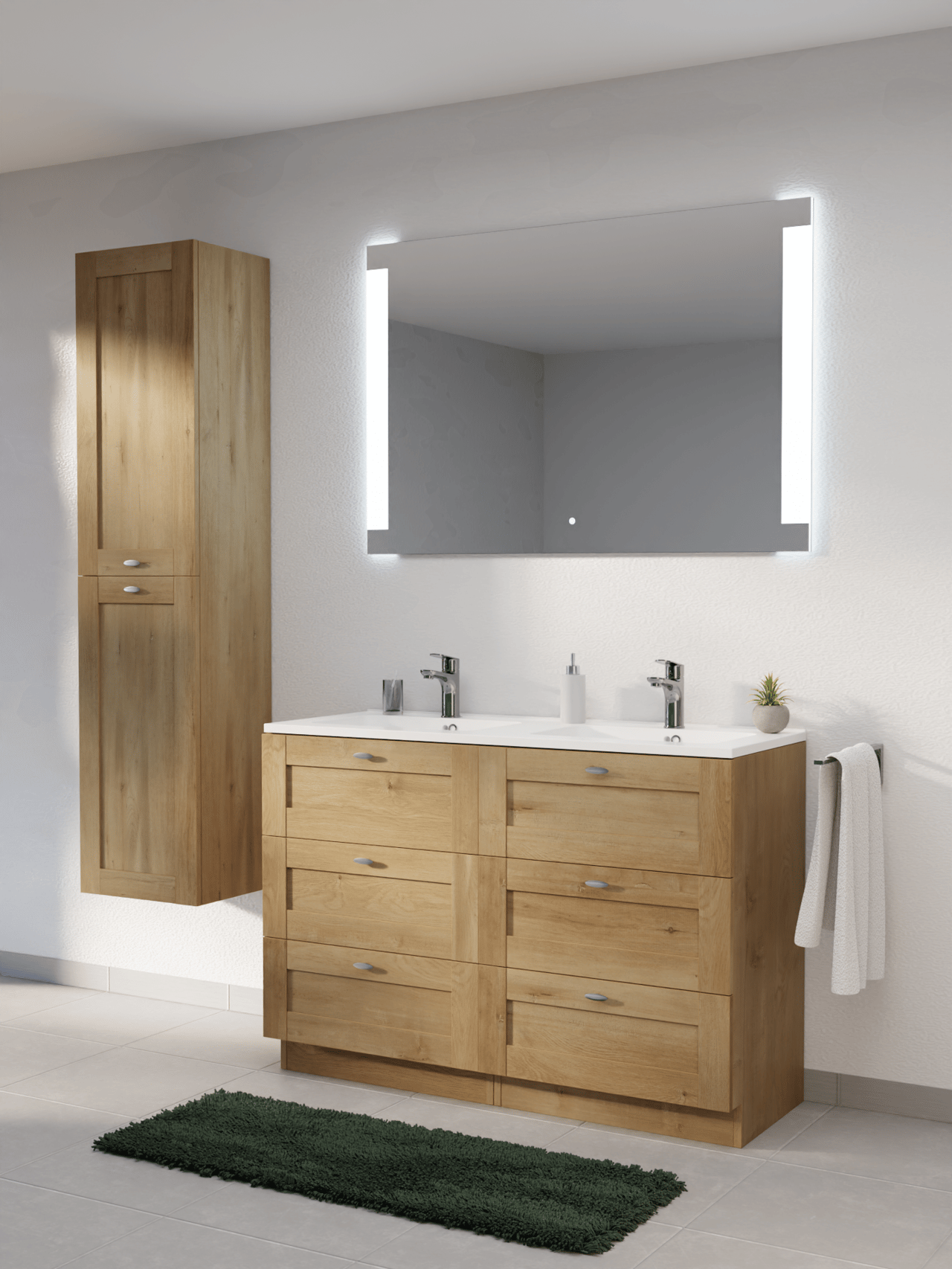 Linie Classo freistehendes Möbelstück Set: 120 x 46 cm, Naturbelassene Eiche, mit Vano Doppelwaschtisch, Marmorkomposit Weiß glänzend