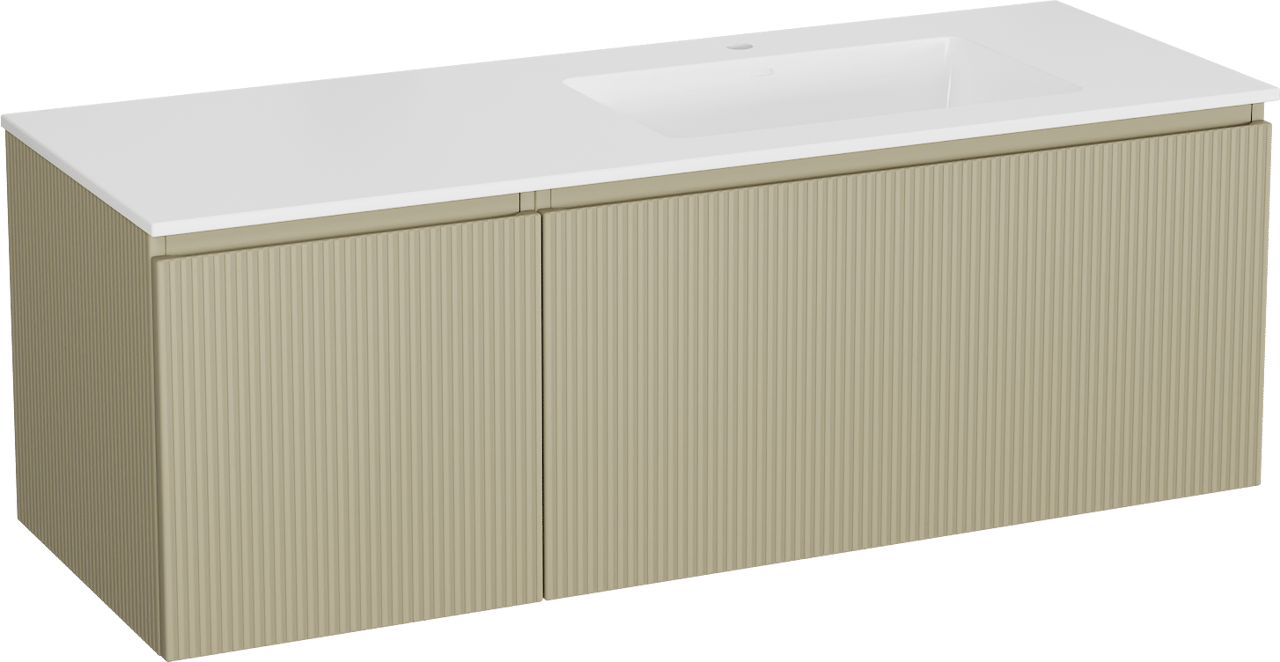 Storke Ribs zwevend badkamermeubel 140 x 52 cm zijdegrijs met Bilia asymmetrisch rechtse wastafel in composietmarmer glanzend wit, Verticale symmetrische rechte ribbel
