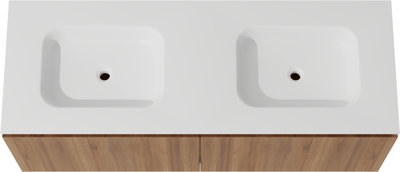 Balmani Eclips meuble salle de bains suspendu 150 x 55 cm Teck avec Eclips double vasque en Solid Surface blanc mat