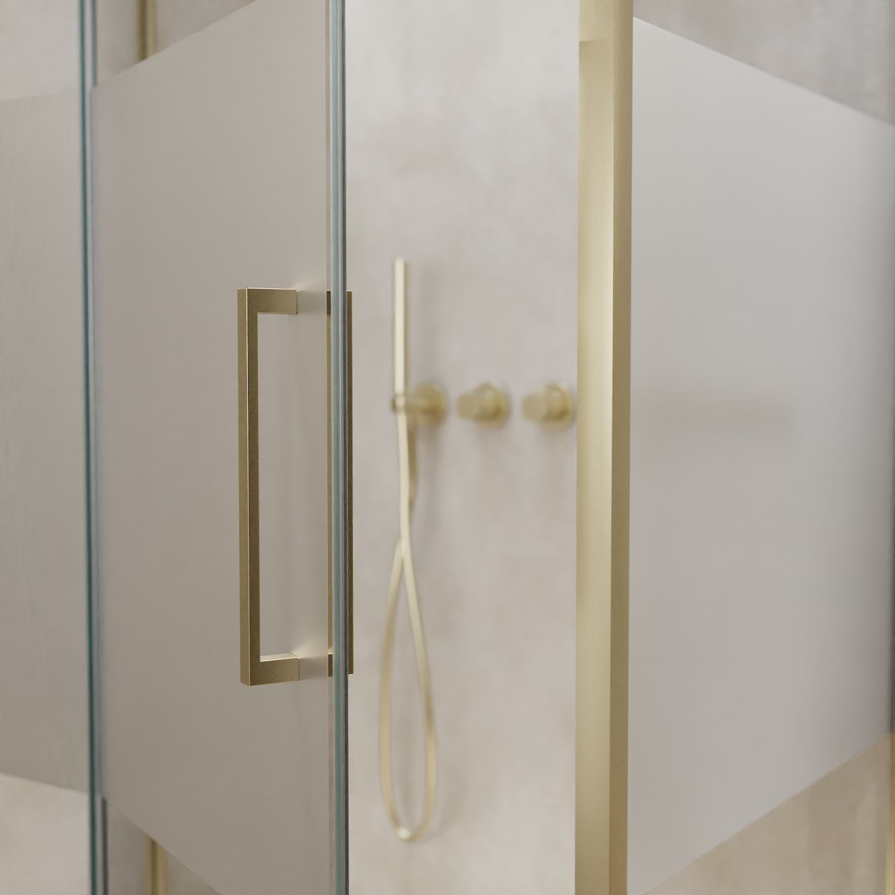 Balmani Senses Design douche en coin avec porte pivotante à gauche et paroi latérale fixe, 100 x 100 cm, Verre transparent avec bande matte, Profil Brushed Champagne Gold