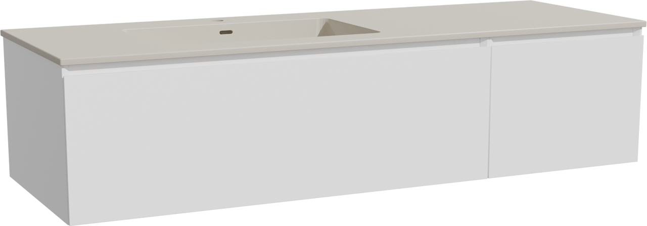 Storke Edge zwevend badkamermeubel 150 x 52 cm mat wit met Diva asymmetrisch linkse wastafel in top solid zijdegrijs