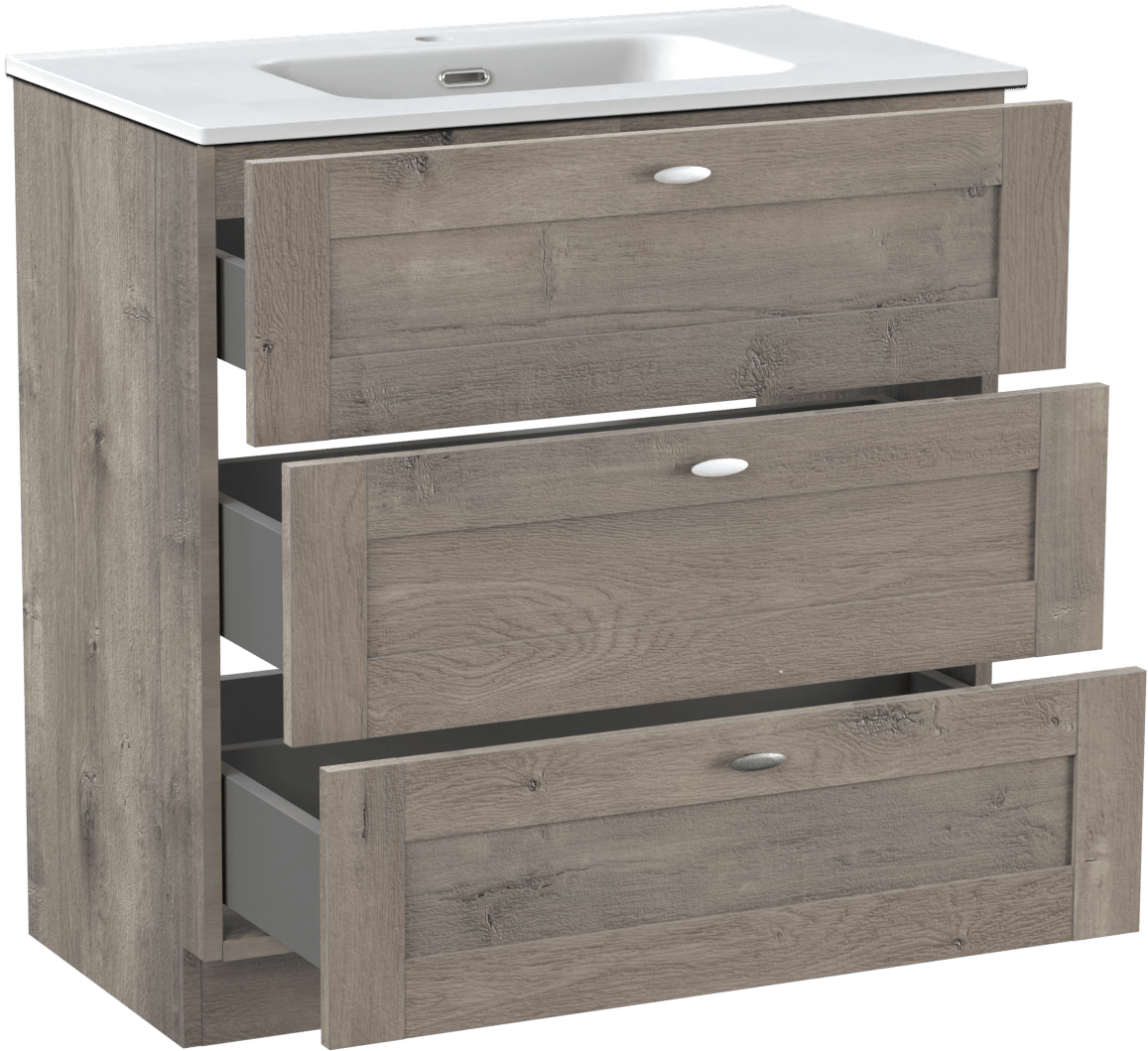 Linie Classo staand badkamermeubel 80 x 46 cm grijze eik met Baro enkele wastafel in porselein mat wit
