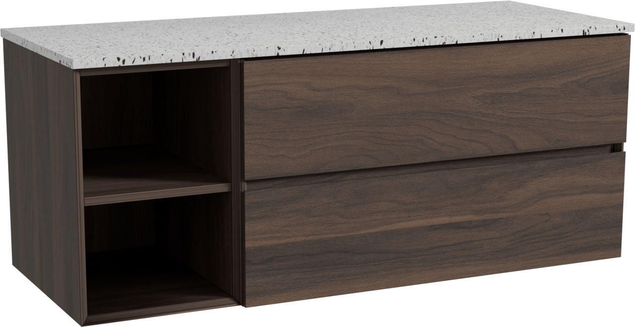 Storke Edge zwevend badkamermeubel 130 x 52 cm notelaar met Tavola enkel of dubbel tablet in mat wit/zwart terrazzo