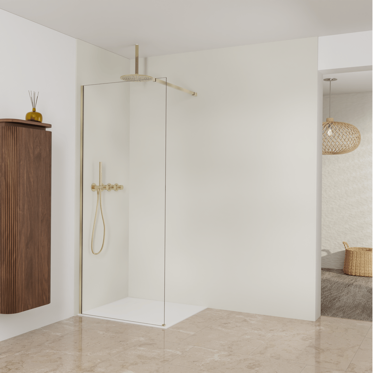 Balmani Modular inloopdouche: 90 x 200 cm, Helder glas met coating, Brushed Champagne Gold profielen