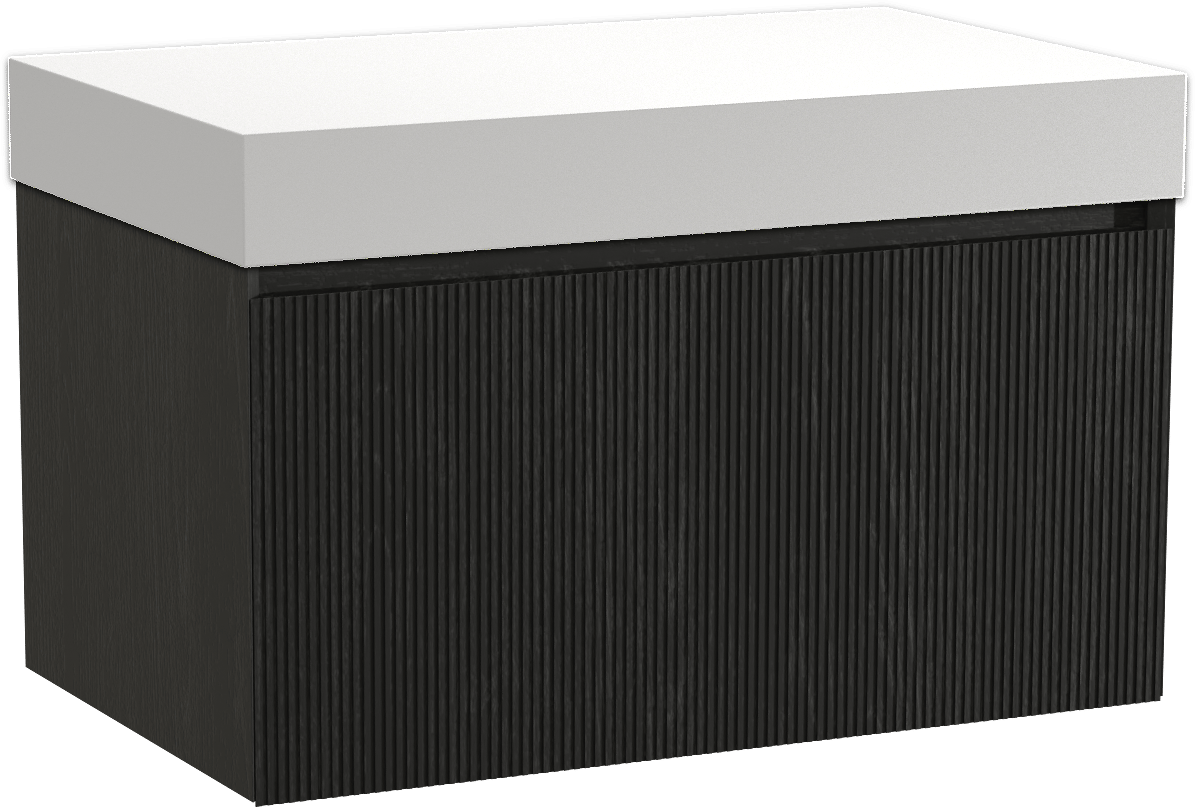 Balmani Fila by Mitra meuble salle de bains suspendu 90 x 55 cm chêne noir avec Dominus tablette simple en solid surface blanc mat, Nervure droite symétrique verticale