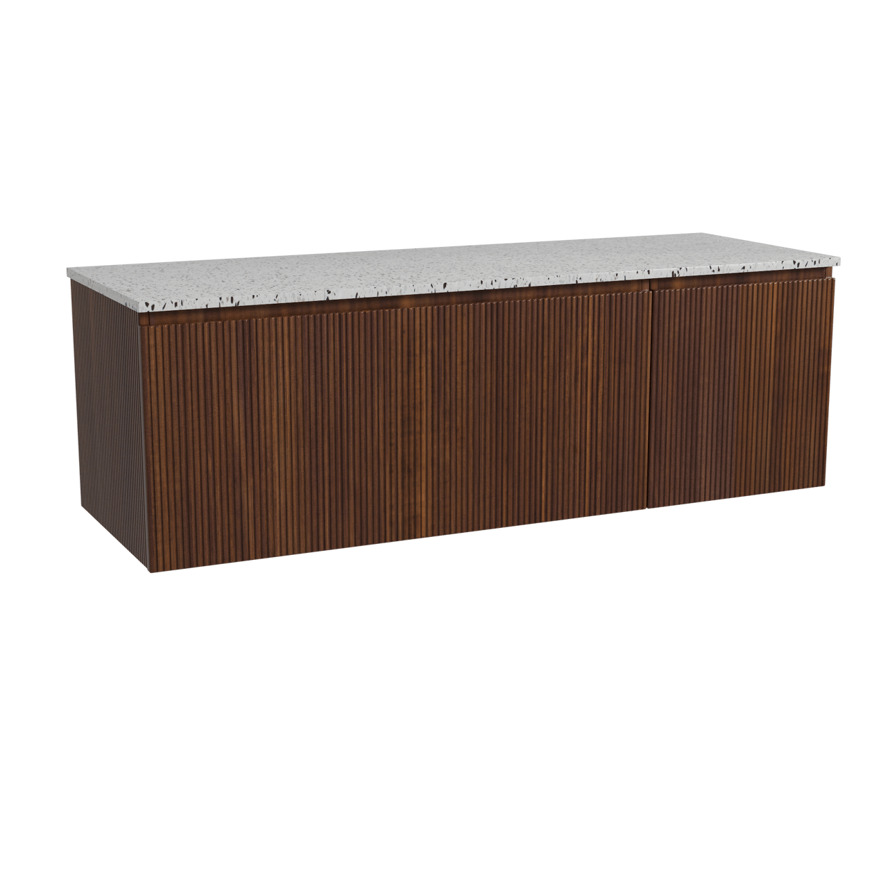Storke Ribs zwevend badmeubel 150 x 52 cm notenhout met Tavola enkel of dubbel wastafelblad in mat wit/zwart terrazzo, Verticale symmetrische rechte ribbel