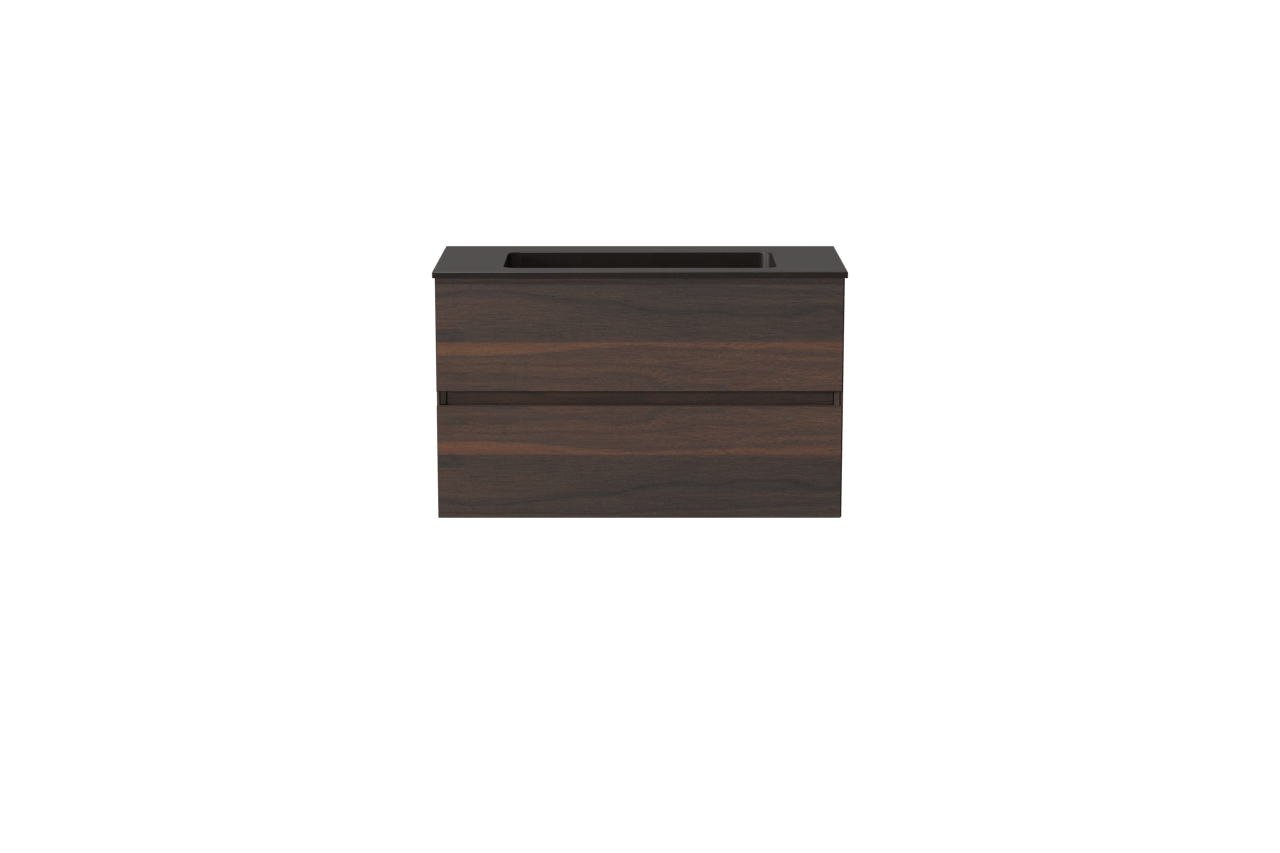 Storke Edge zwevend badmeubel 80 x 40 cm notenhout met Scuro enkele wastafel in kwarts mat zwart