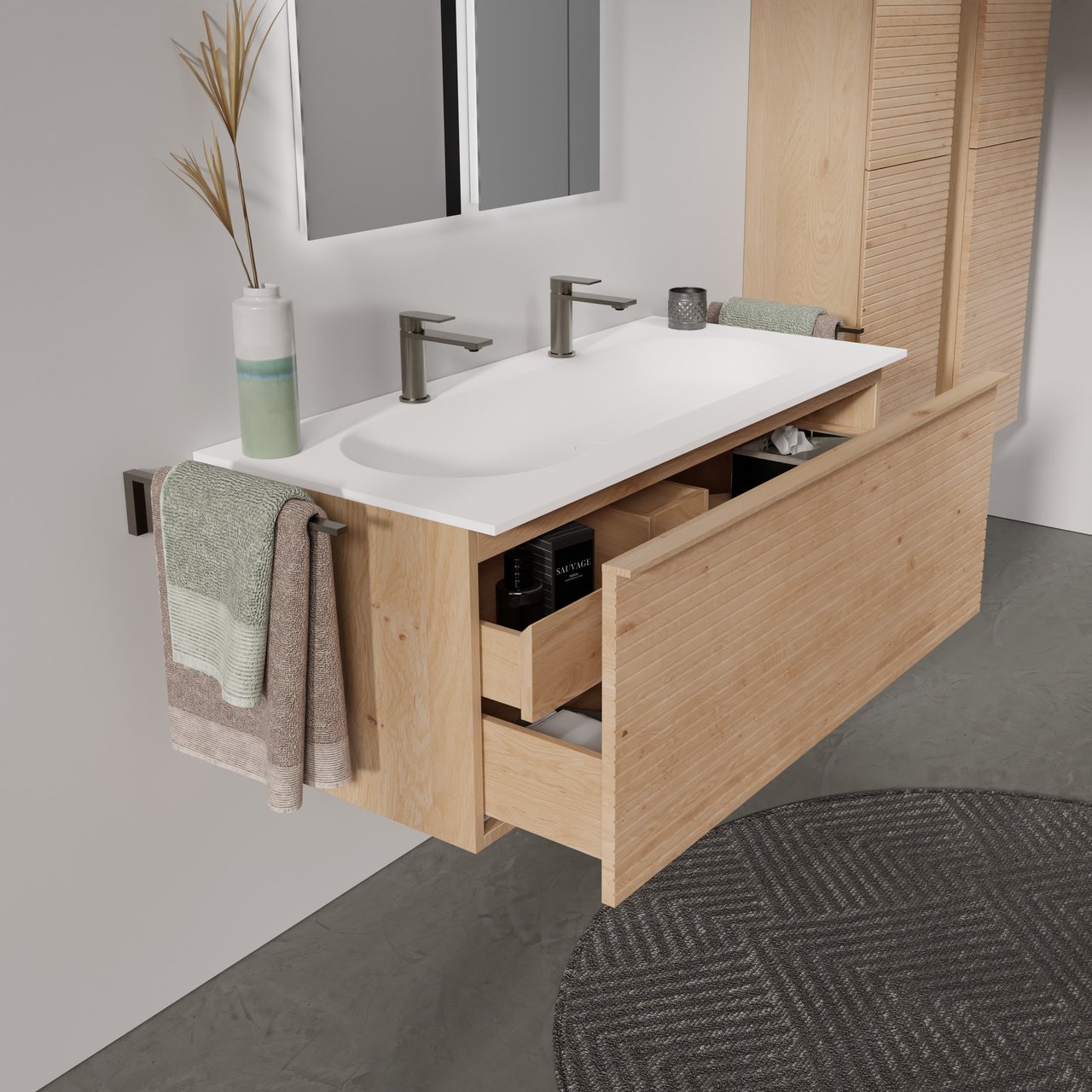 Balmani Forma zwevend badmeubel 120 x 55 cm naturel eiken met Tablo Arcato enkele wastafel voor 2 kraangaten in solid surface mat wit, Horizontale symmetrische rechte ribbel