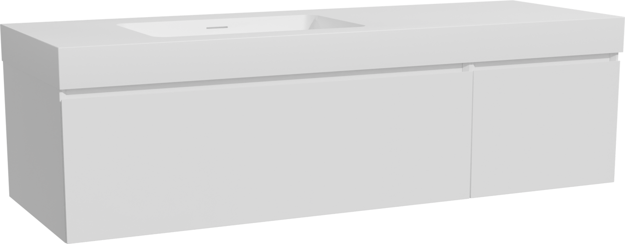 Storke Edge zwevend badkamermeubel 150 x 52 cm glanzend wit met Mata High asymmetrisch linkse wastafel in solid surface mat wit