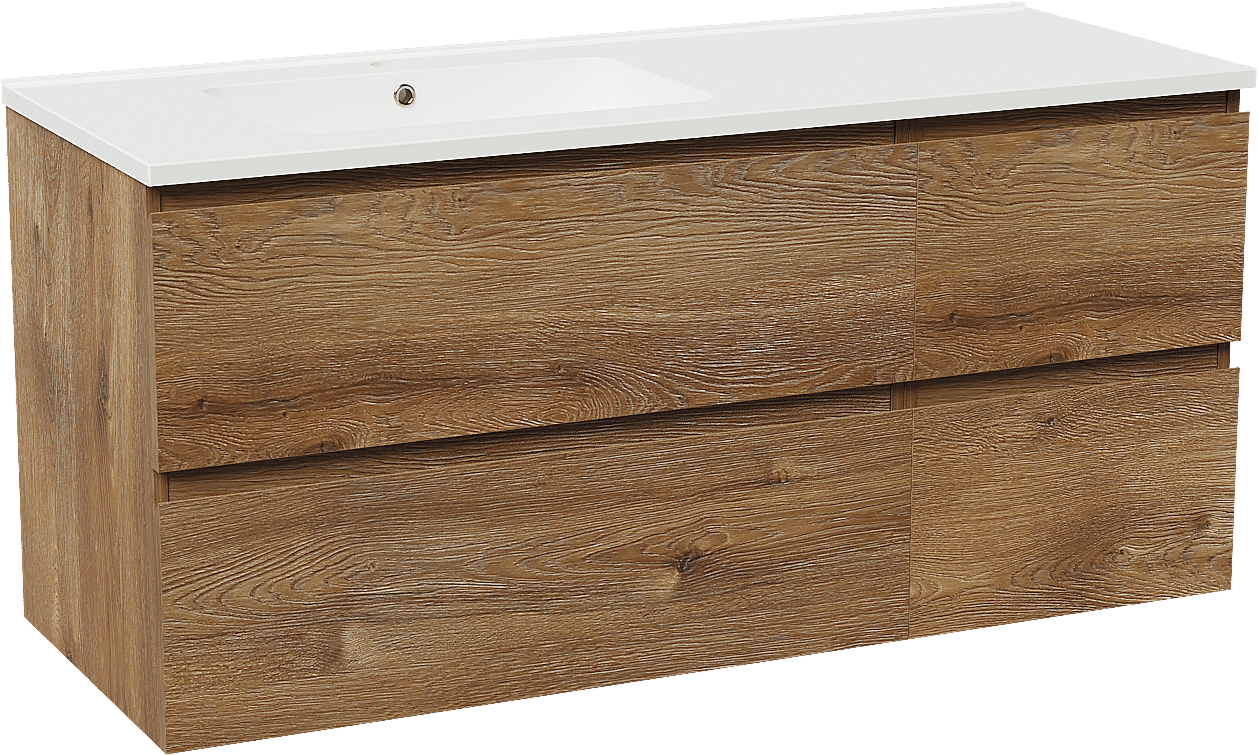 Linie Lado zwevend badmeubel 120 x 46 cm bruin eiken met Vano asymmetrisch linkse wastafel in composietmarmer hoogglans wit