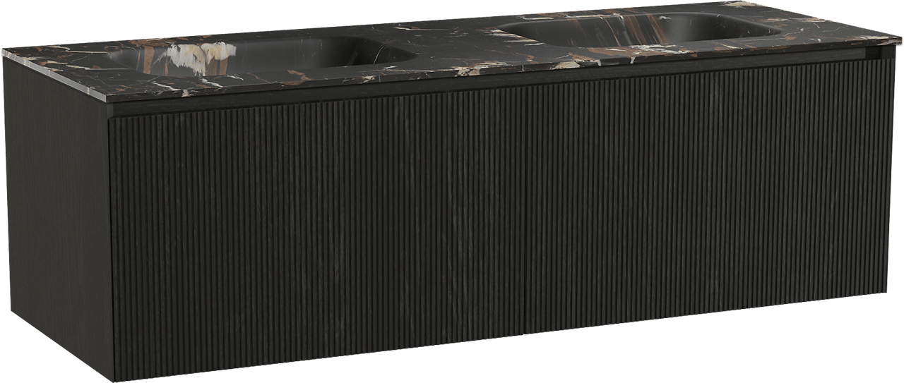 Balmani Fila by Mitra meuble salle de bains suspendu 150 x 55 cm chêne noir avec Tablo Arcato double vasque en marbre portoro gold, Nervure droite symétrique verticale