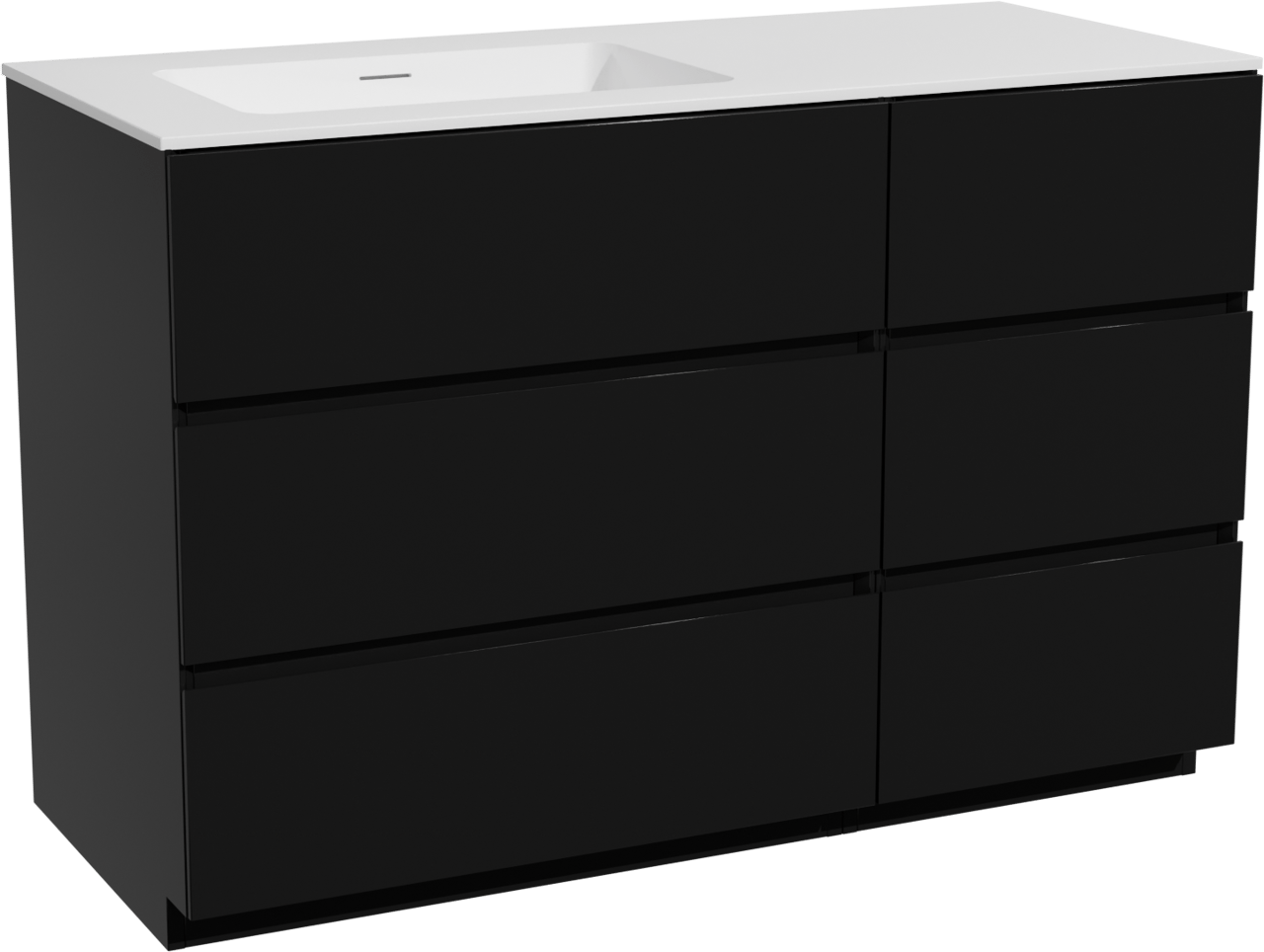 Storke Edge staand badkamermeubel 120 x 52 cm mat zwart met Mata asymmetrisch linkse wastafel in solid surface mat wit