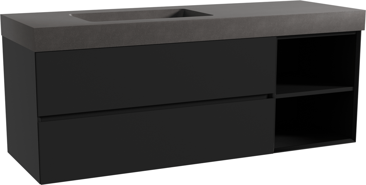 Storke Edge meuble salle de bains suspendu 150 x 52 cm noir mat avec Scuro High plan vasque asymétrique à gauche en quartz noir mat