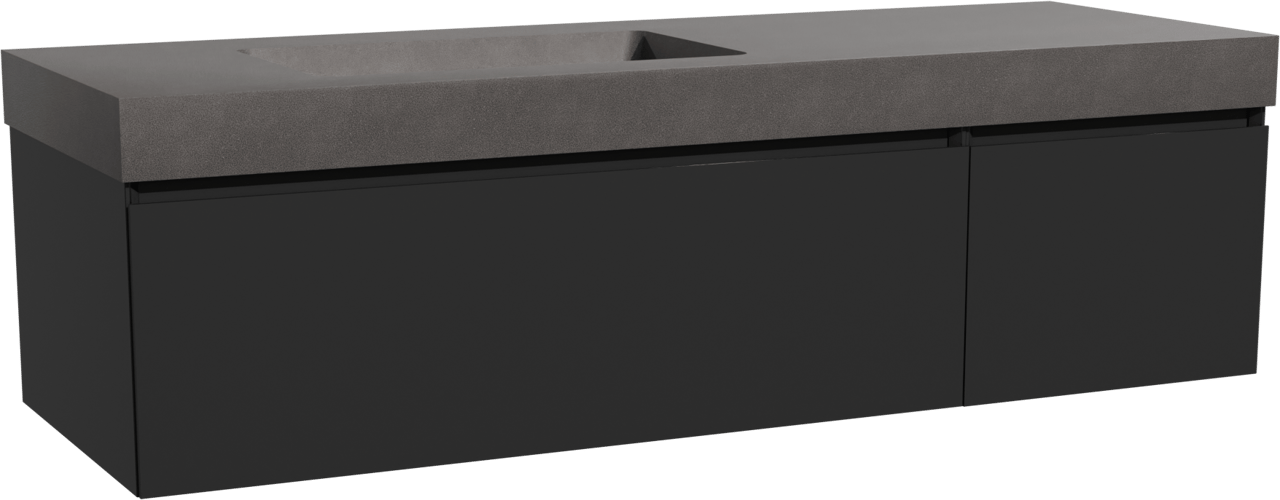 Storke Edge zwevend badkamermeubel 150 x 52 cm mat zwart met Scuro High asymmetrisch linkse wastafel in kwarts mat zwart