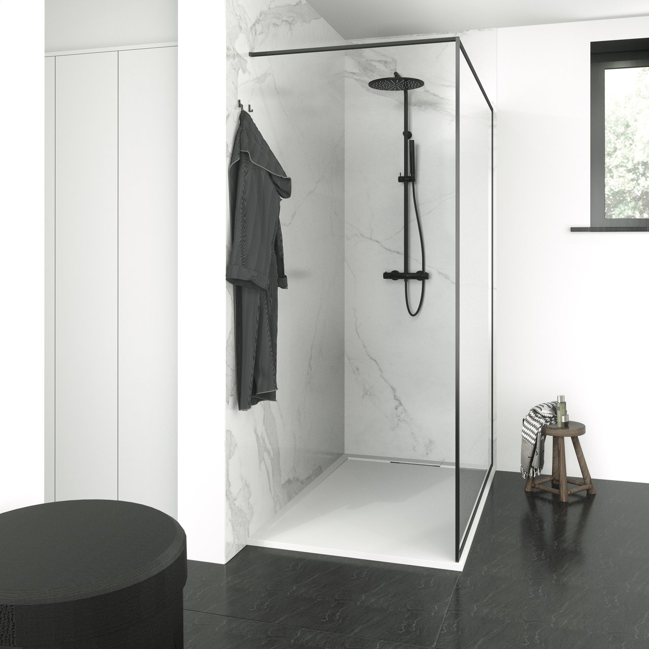 Balmani Framed Walk-In-Dusche 140 x 210 cm Klarglas, inklusive Coating, matt schwarzes Profil